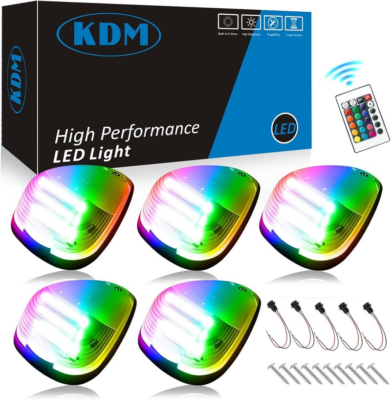 KDM RGB Full Led Clear Lens Cab Roof Top Marker Lights assembly Fit for 1999-2016 Ford F250 F350 F450 F550 F650 F750 E150 E250 E350 E450 Super Duty,Multi-Color Mounted Running Clearance,5Pcs Pack - Image 1